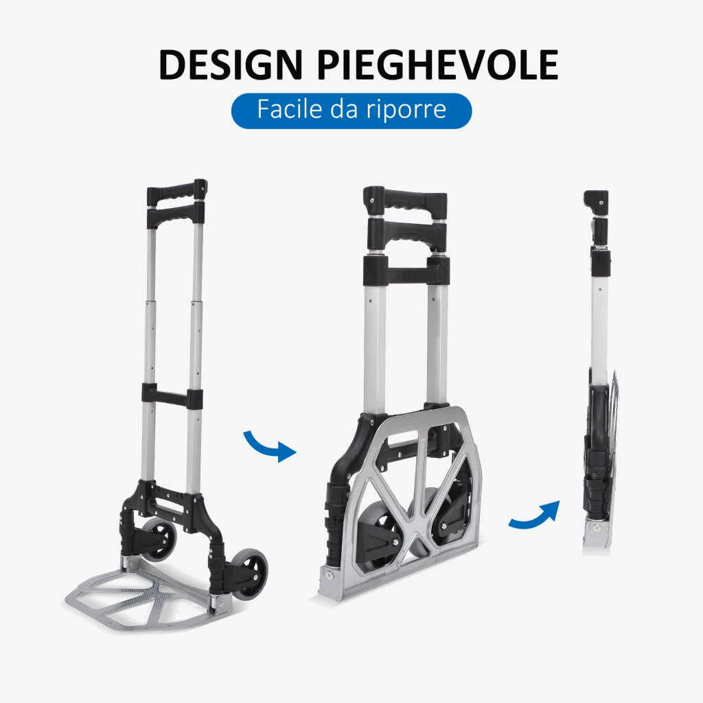 Carrello Pieghevole Portapacchi ¨C Xylo ¨C 70kg Maniglia Telescopica Regolabile 41x38.5x100cm Argento