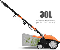 Scarificatore 2 In-1 per Prato, Arieggiatore Elettrico con Sacco Raccoglitore da 30L, Larghezza 32cm, con 3 Posizioni Regolabili, Scarificatore 1500W per Giardino Cortile (32 cm, Arancione)
