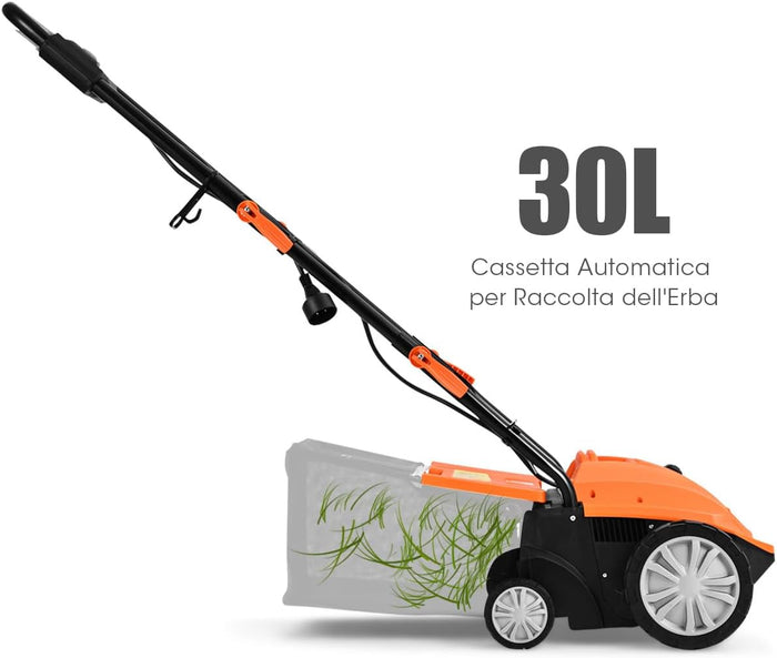 Scarificatore 2 In-1 per Prato, Arieggiatore Elettrico con Sacco Raccoglitore da 30L, Larghezza 32cm, con 3 Posizioni Regolabili, Scarificatore 1500W per Giardino Cortile (32 cm, Arancione)