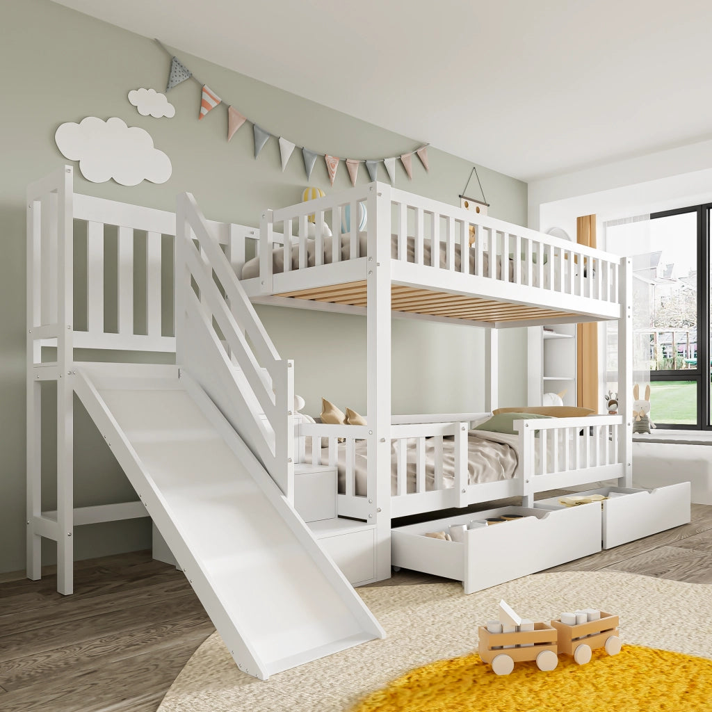 OKWISH Letto a Castello 90×200 cm, Letto Singolo con Scivolo, Scala e 2 Cassetti, senza Materasso, in Legno Massello, Bianco