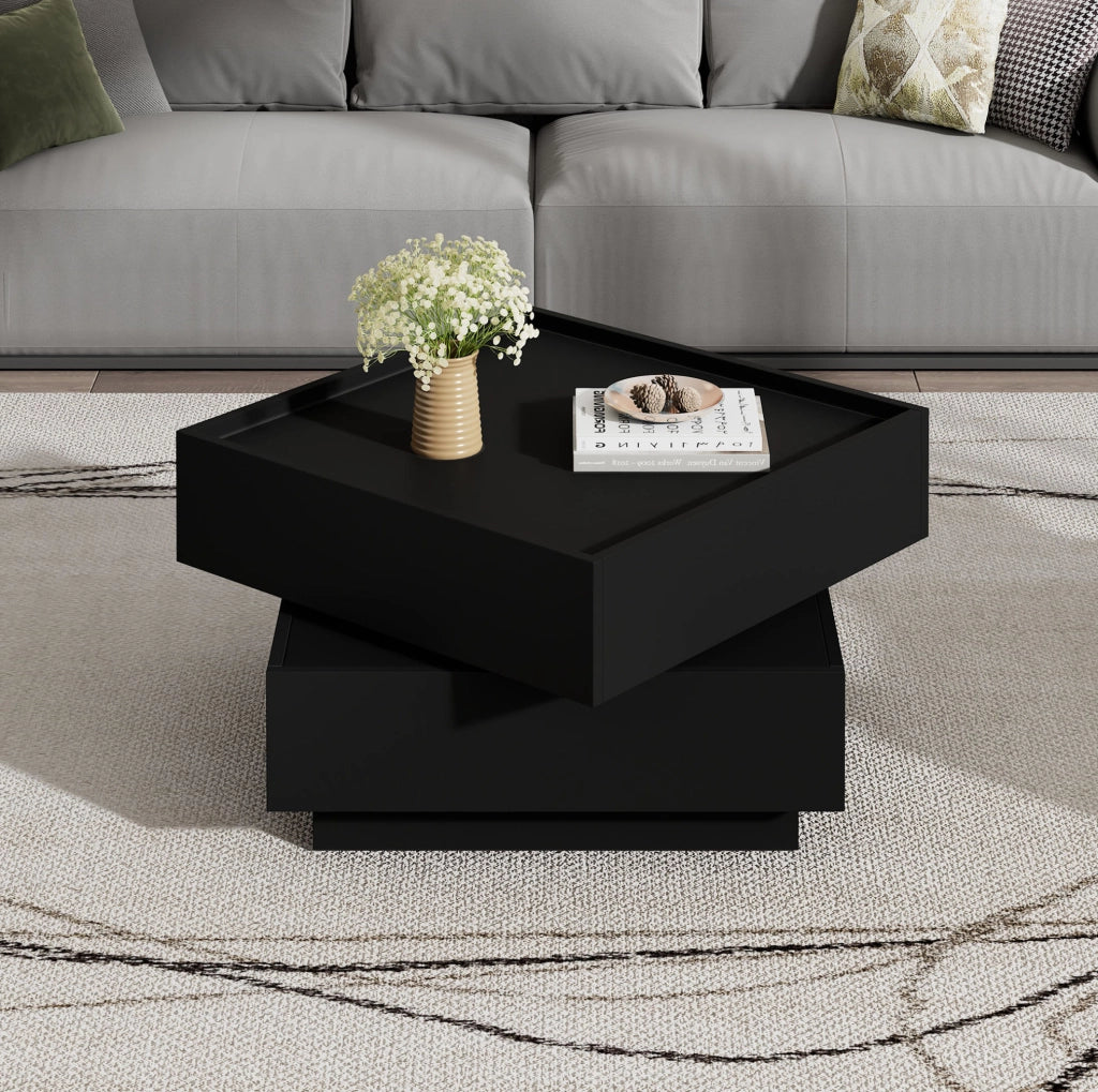 Tavolino nero 60x60x38 cm girevole a 360° con 2 cassetti e vano