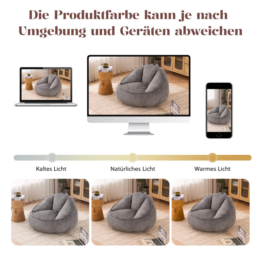 Pouf poltrona sacco con schienale ergonomico e imbottitura in schiuma viscoelastica velluto a coste grigio