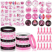 Kit di Accessori per la Consapevolezza del Cancro al Seno - Accessori Temporanei per Tatuaggi - Fascette di Seta - Braccialetti in Silicone - Accessori per la Consapevolezza del Cancro al Seno
