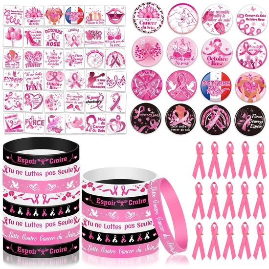 Kit di Accessori per la Consapevolezza del Cancro al Seno - Accessori Temporanei per Tatuaggi - Fascette di Seta - Braccialetti in Silicone - Accessori per la Consapevolezza del Cancro al Seno