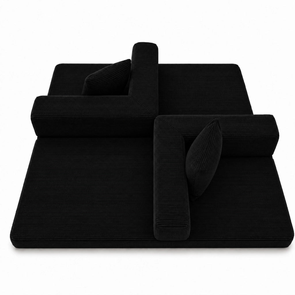Divano letto pieghevole da pavimento con braccioli e schienale - in corduroy nero