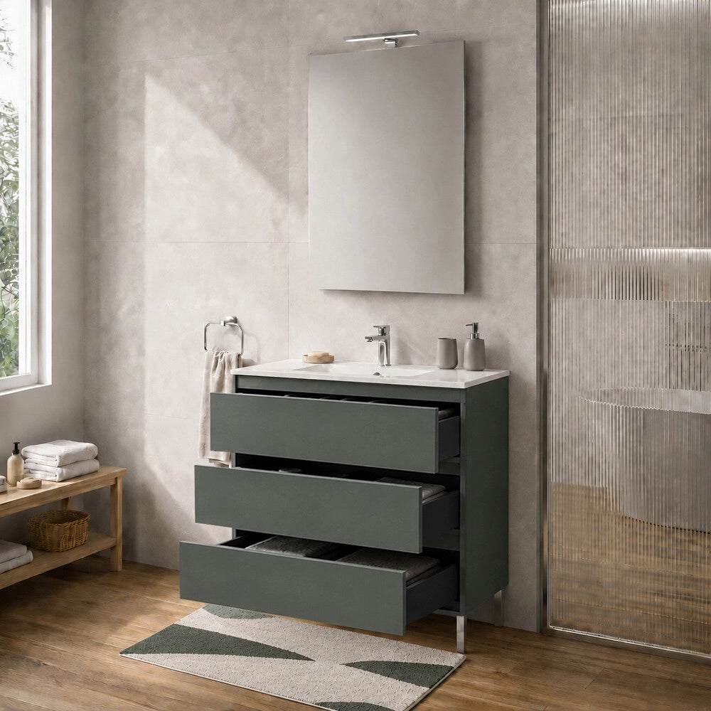 Mobile bagno a terra 100 cm verde tre cassetti push-pull con lavabo Tierra
