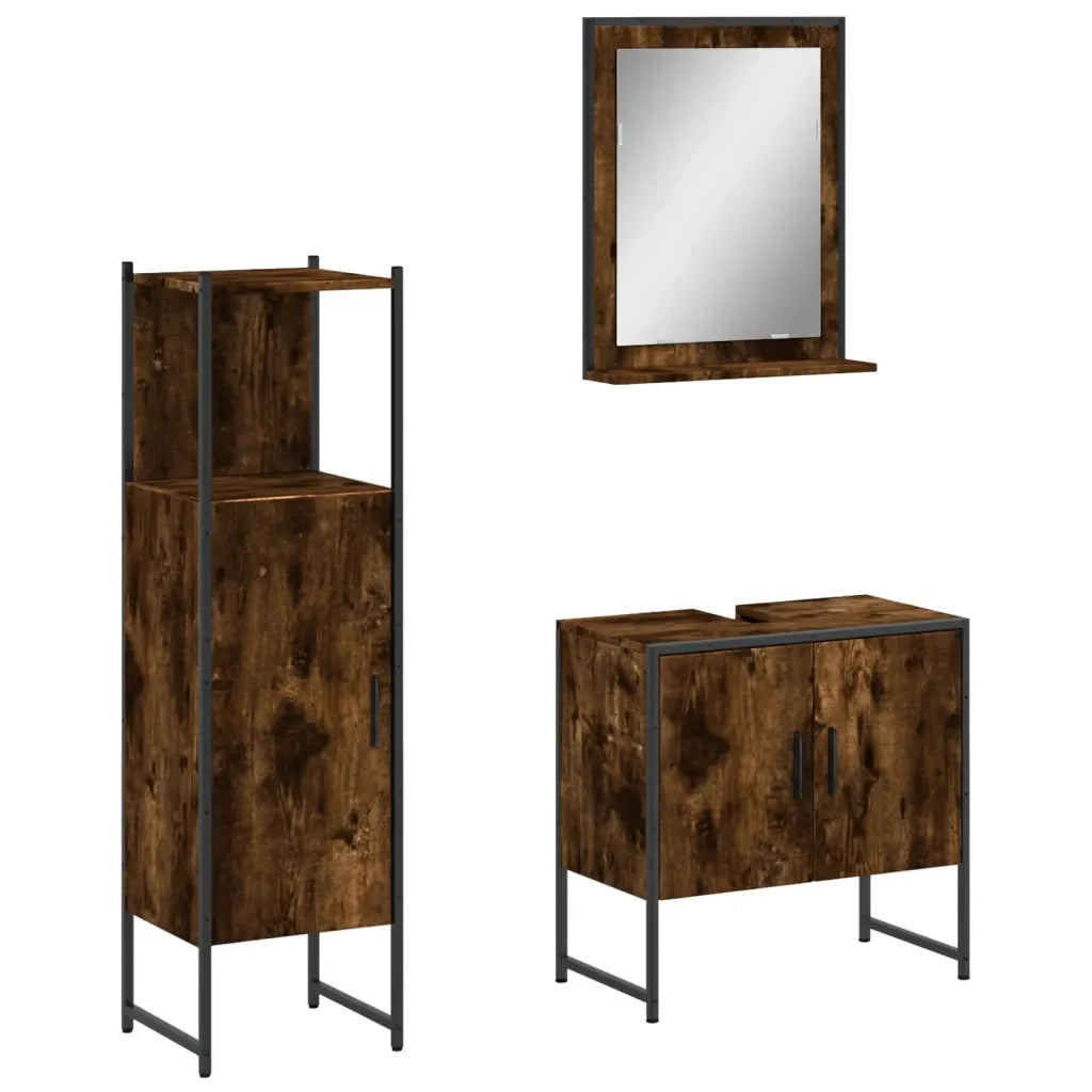 Set Mobili da Bagno | Armadio da bagno 3 pz Rovere Fumo in Legno Multistrato