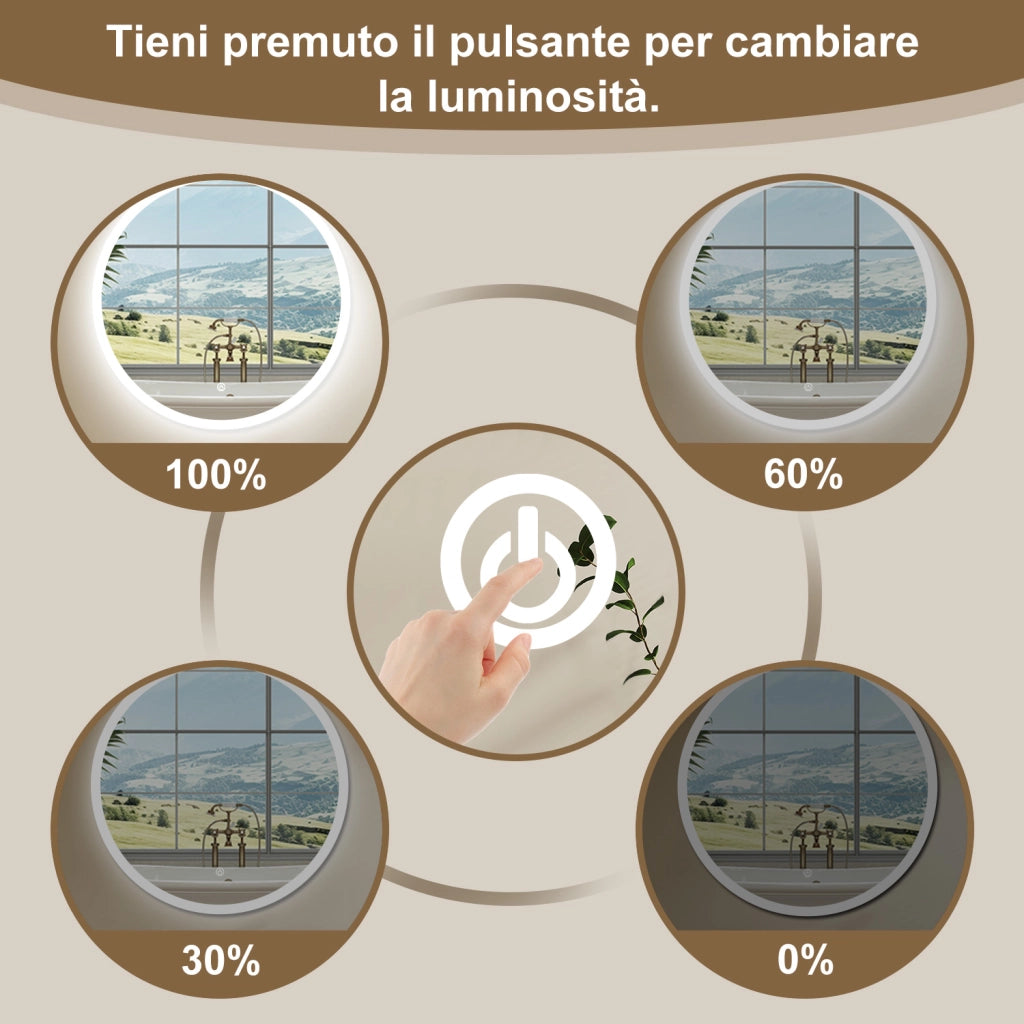 AICA Specchio Da Bagno Rotondo Da 70cm con LED, Antiappannamento, 3 Temperature Colore
