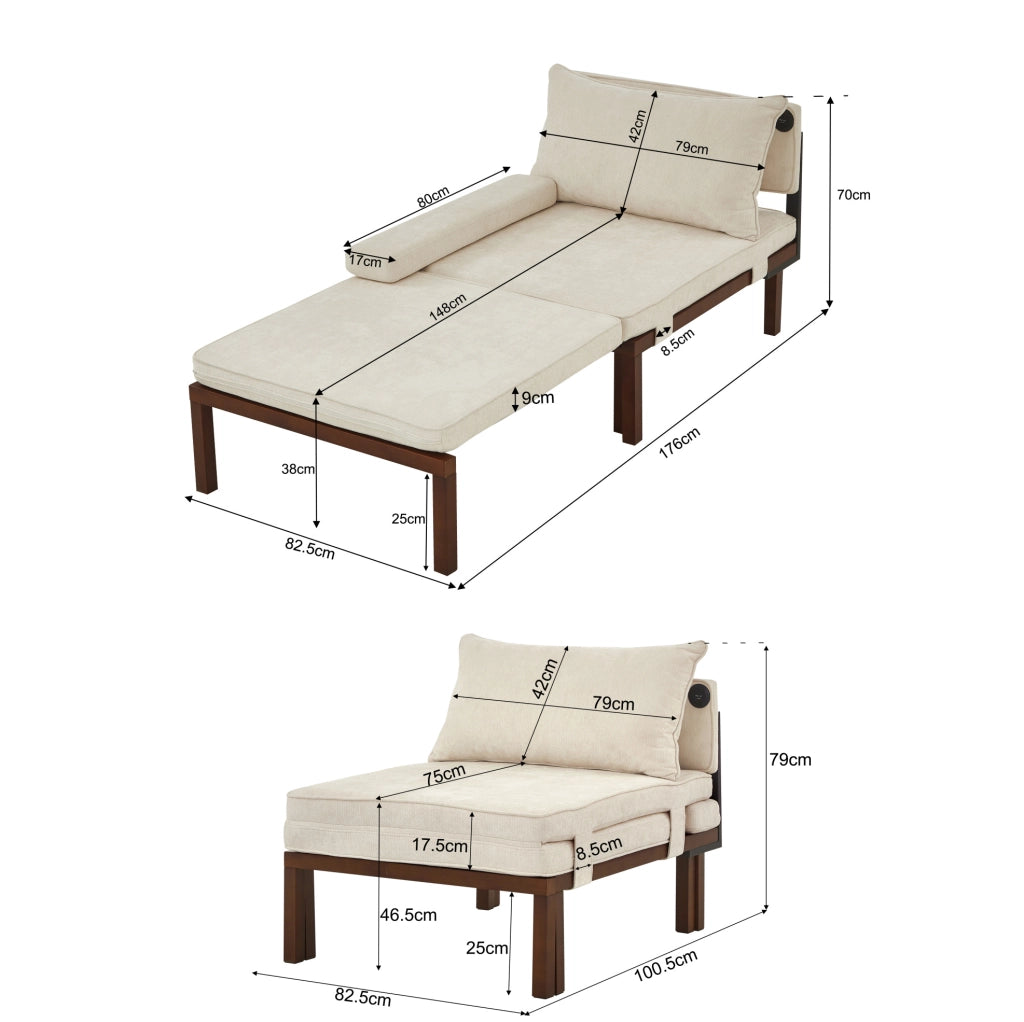 Poltrona letto pieghevole 2 in 1 beige con porta USB-C
