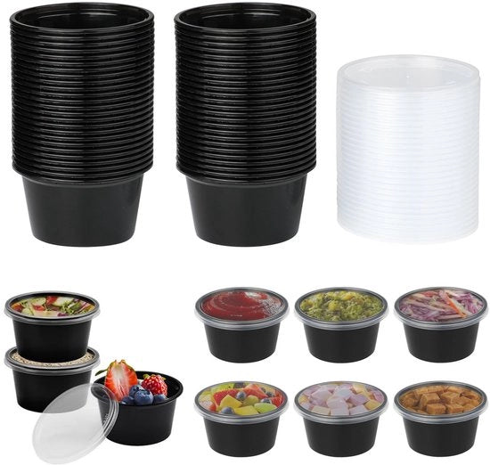 Contenitori per cibi, 50 pezzi. Scatole di conservazione con coperchi, 4 oz, contenitori impermeabili, contenitori in plastica resistente ai microonde, contenitori refrigerati per salse, salse e erbe, riutilizzabili.