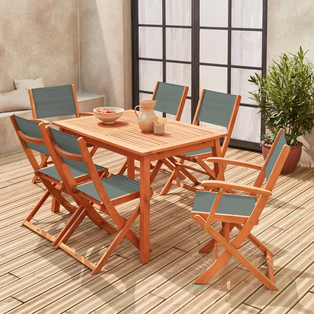 Set tavolo da giardino rettangolare allungabile in legno con 6 sedie,