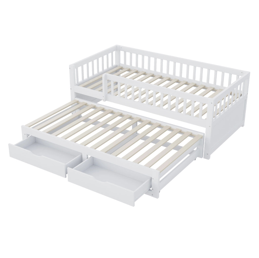 Divano letto multifunzionale con letto estraibile; 2 cassetti e sponde di sicurezza; 90x200 cm; bianco