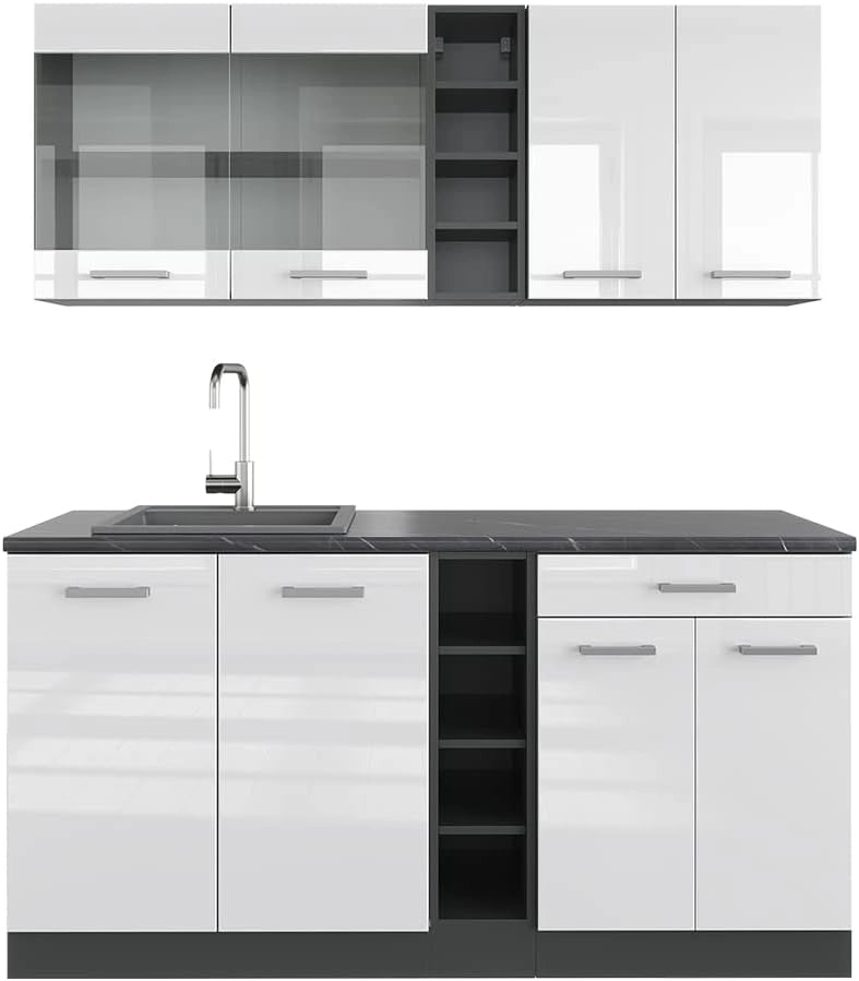 Cucina completa R-Line, Bianco lucido/antracite, 160 cm, PL Antracite, adatto per l'espansione individuale con moduli aggiuntivi