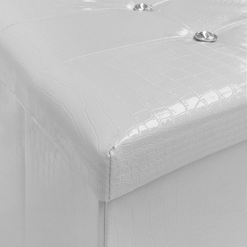 Cassapanca Contenitore Pouf Panca Poggiapiedi Similpelle Pelle Finta Coccodrillo 76x38x38 cm Bianca