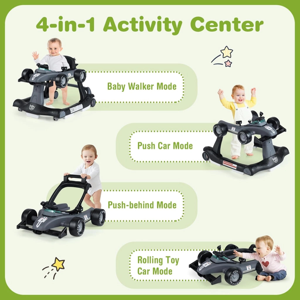 Girello per Bambini 6-18 Mesi, Baby Walker 4 in 1 con Musica e Luci, Primi Passi Piegevole e Portatile, Altezza e Velocità Regolabili, Carrello da Spinta, Forma di Macchinina (Grigio)
