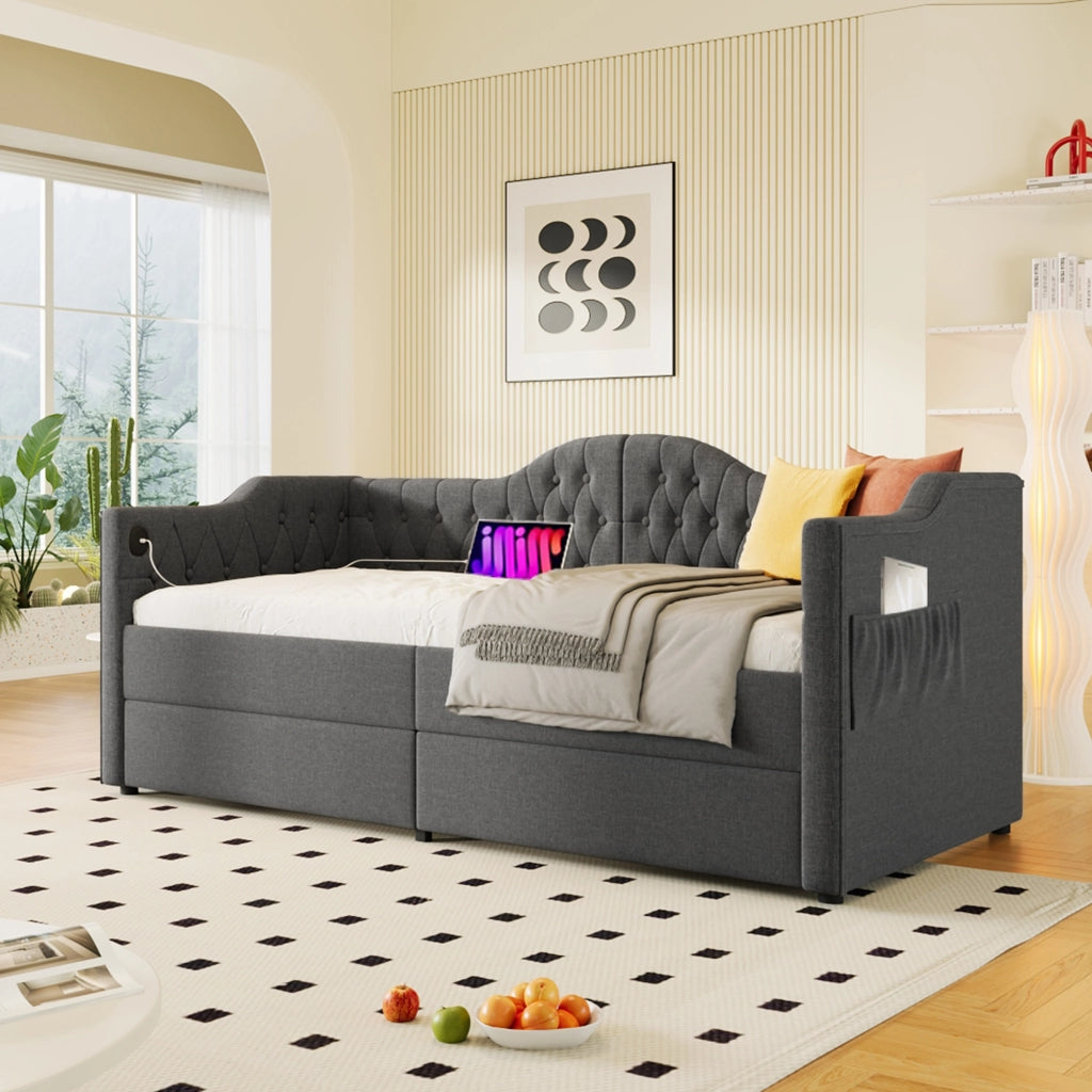 LETTO divano 90x190 cm in lino grigio con USB Type-C e 2 cassetti