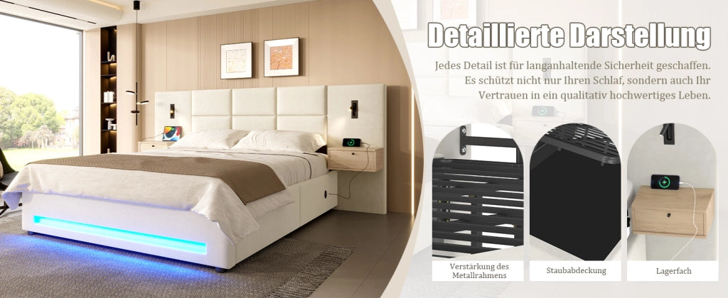 DESMIU Lit coffre 180 × 200 cm 2 posti con cassetti, LED, USB Type-C e senza materasso in velluto beige