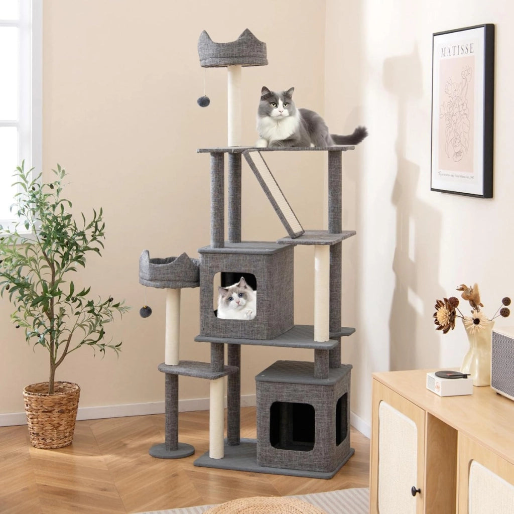 180 cm albero per gatti con torre multi-livello e posti per grattare, Mobili con 2 condomini rimovibili e palle pendenti