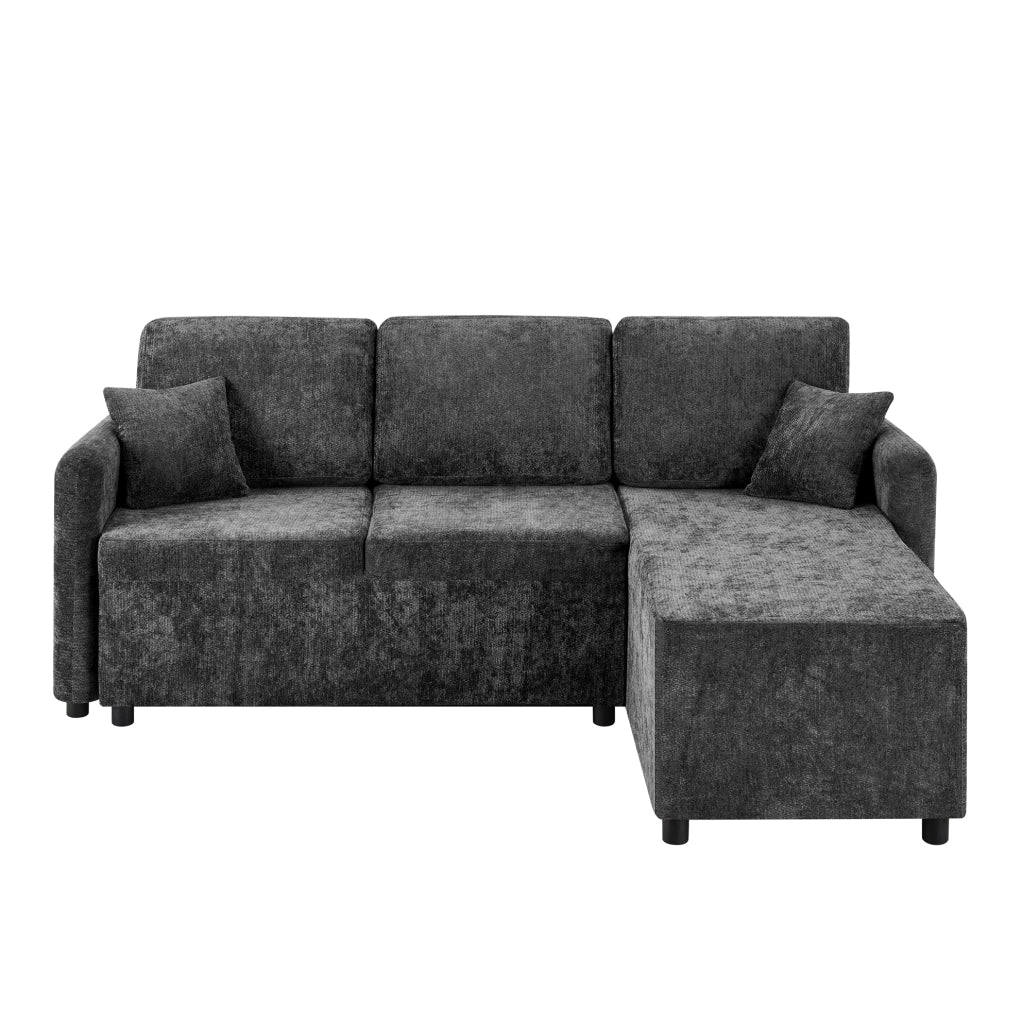 Divano angolare 3 posti a L in chenille nero; con chaise longue integrata e 2 cuscini
