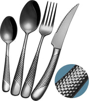Set da tavola 16 pezzi moderno, nero, martellato con un coltello 2 in 1 a lama a scaglie ultrasharp, set da tavola in acciaio inossidabile 18/10 e set da tavola con rivestimento di titanio (per 4 persone). Resistentente al lavastoviglie.