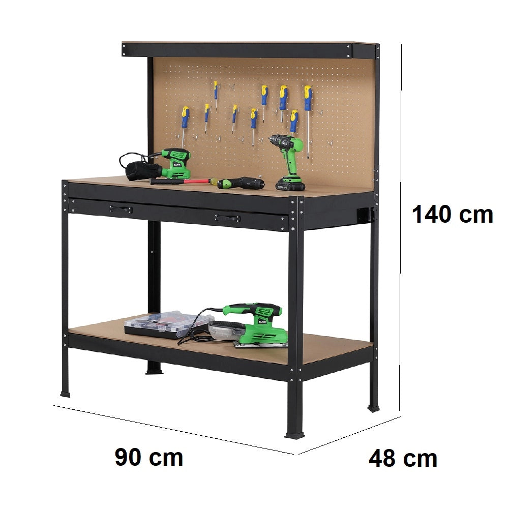 Banco Lavoro Officina Porta Utensili con Cassetto Metallo Verniciato 90x48 H 140cm