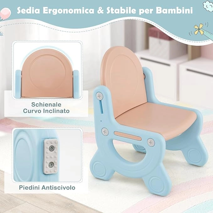 Lavagna Cancellabile con Sedia per Bambini, Set Tavolo e Sedie per Bambini con Scatola Portaoggetti, Piedini Antiscivolo, Cancellino e Pennarelli, Cavalletto per Cameretta (Blu)