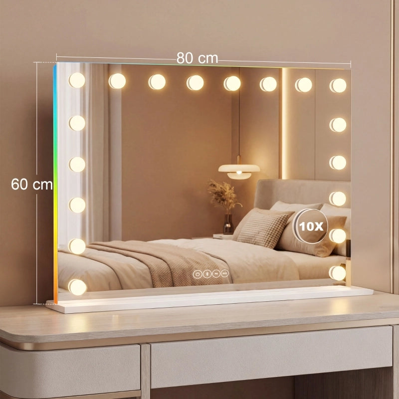 Specchio trucco Hollywood con 18 LED dimmerabili, Bluetooth, luce RGB, ingrandimento 10x, bianco