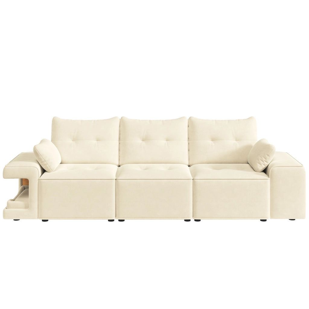 Divano modulare 3 posti in velluto beige con ampi braccioli, spazio contenitore e nicchie per animali