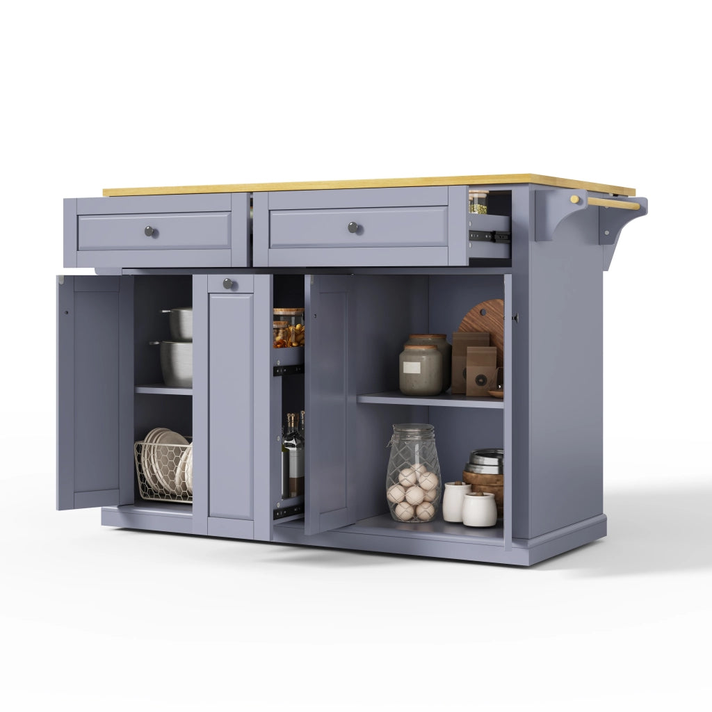 Isola cucina mobile con piano ribaltabile, 2 cassetti grandi, cassetti verticali, ruote frenanti, 121 x 49(69) x 89 cm