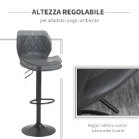 Set di 2 Sgabelli da Bar Alti in Finta Pelle con Altezza Regolabile, Sgabelli Cucina Girevoli con Schienale e Poggiapiedi, 46.5x49.5x92-113cm Grigio