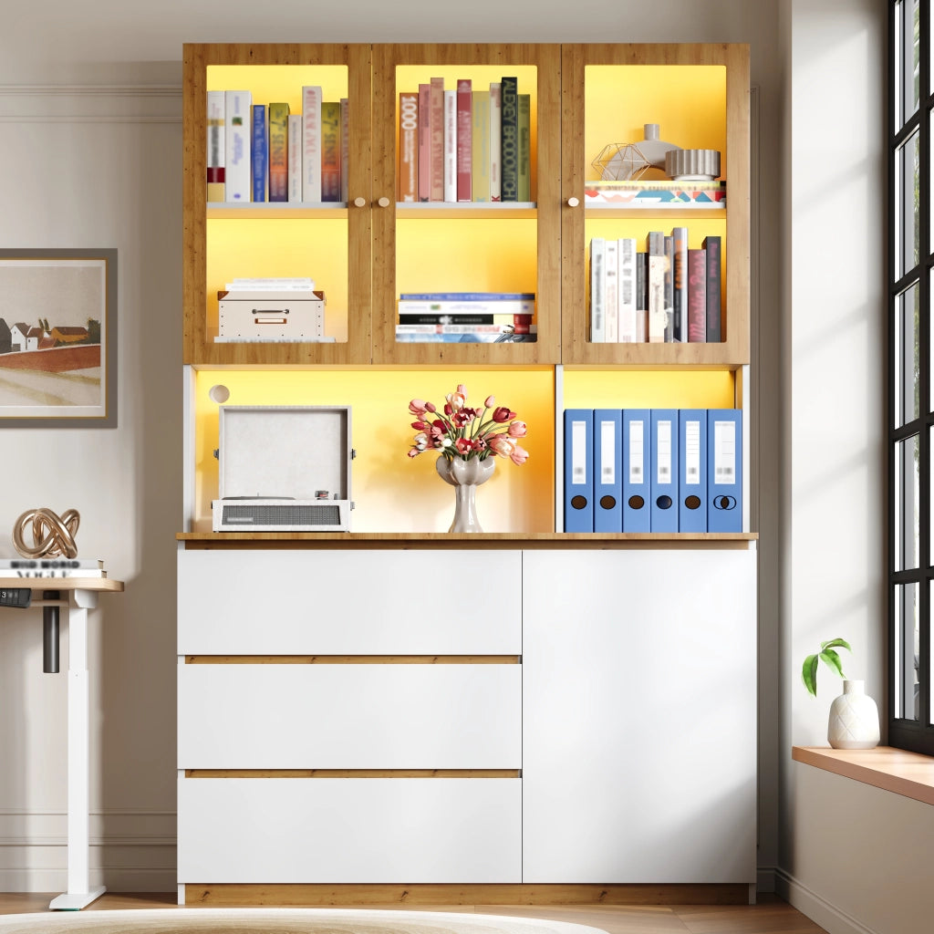 Vetrina alta con LED, 1 anta, 3 cassetti e vani aperti, per soggiorno e cucina, in MDF, bianco e rovere, 120 × 200 cm