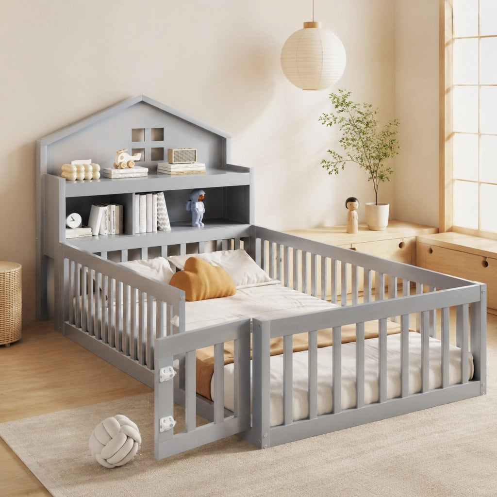 Lettino per bambini a forma di casa 90x200 cm in legno massello grigio; con ripiani e porta