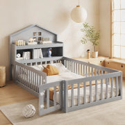 Lettino per bambini a forma di casa 90x200 cm in legno massello grigio; con ripiani e porta