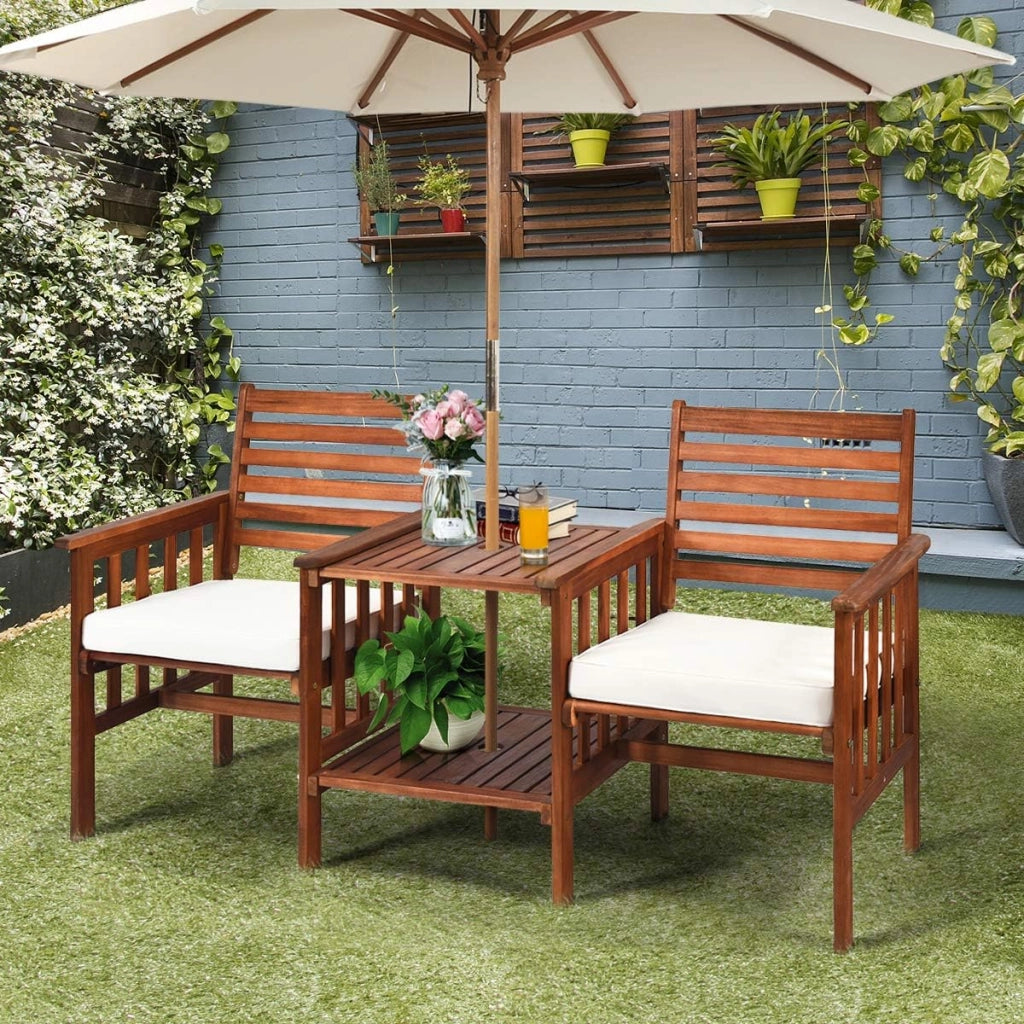 Panca da giardino in legno di acacia con foro per l'ombrellone, 165 x 65 x 88 cm, per giardino, balcone e terrazza (bianco)