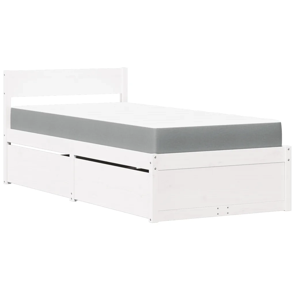 Letto Cassetti e Materasso-Struttura Letto con contenitore Bianco 90x200 cm Legno Massello Pino