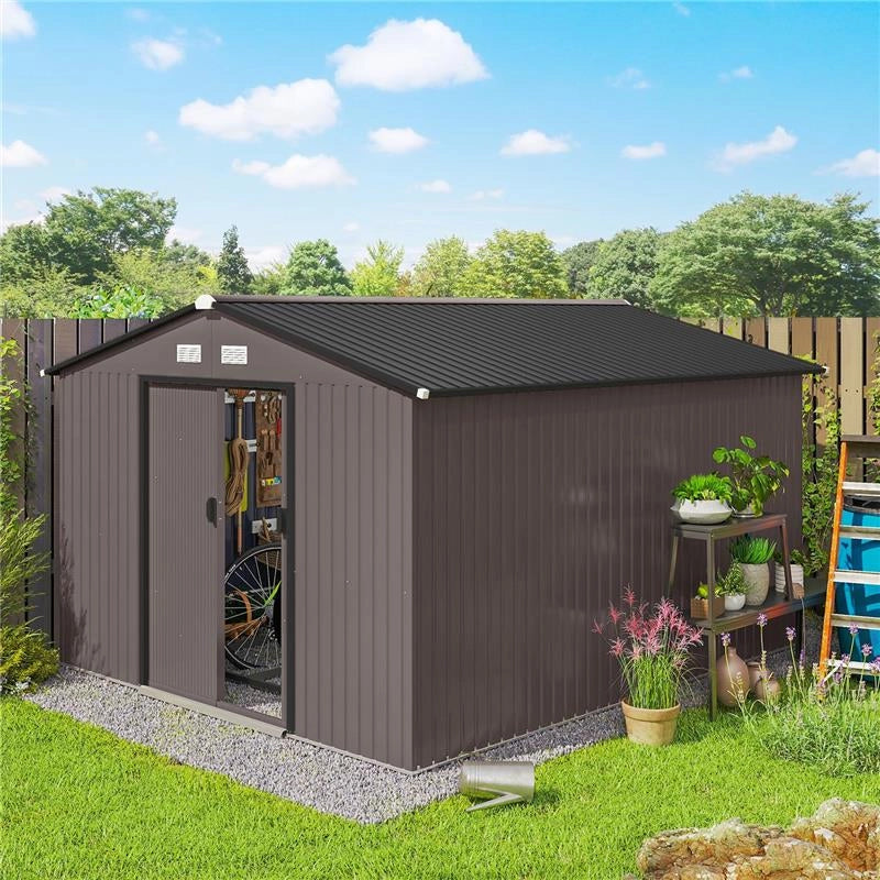CASETTA DA GIARDINO CON 2 PORTE SCORREVOLI E 4 PRESE D'ARIA IN ACCIAIO, 322X277X192 CM, MARRONE