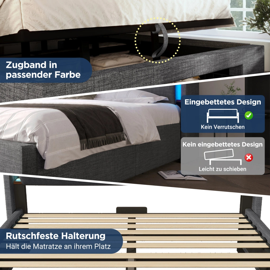 Letto imbottito 180x200 cm con LED, USB e vano contenitore