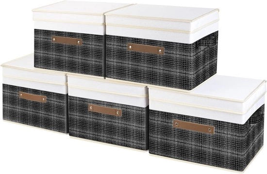 Scatole di archiviazione pieghevoli con coperchio - Set di 5, 38x25x25 cm, Box di organizzazione multifunzionale