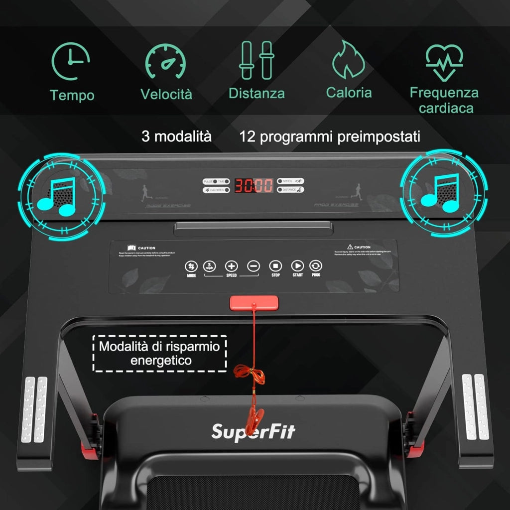 Tapis Roulant Pieghevole per Casa, con Controllo APP, 12 Programmi Preimpostati, Schermo LED e Porta Dispositivi, Velocità 0-12 km/h, Portata 90kg