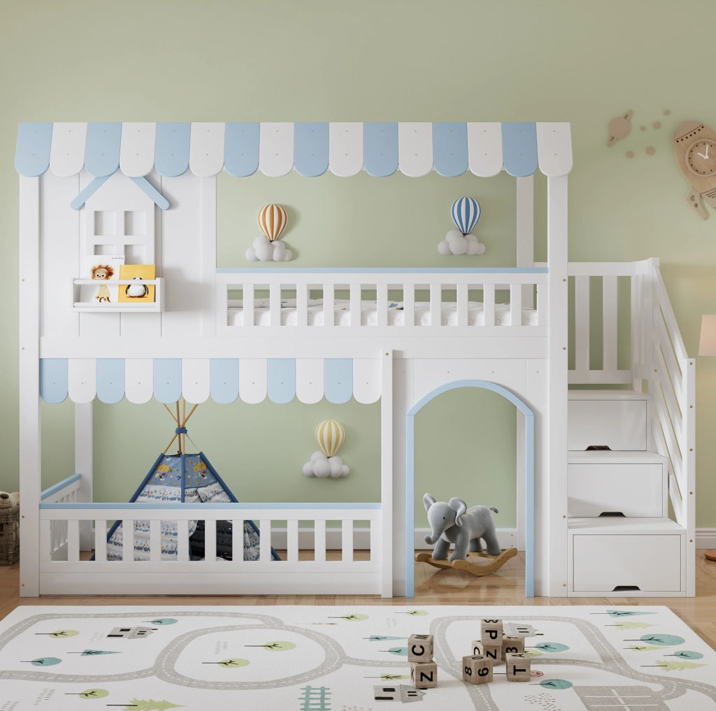 Letto a castello per bambini 90x200 cm bianco e blu con scala contenitore