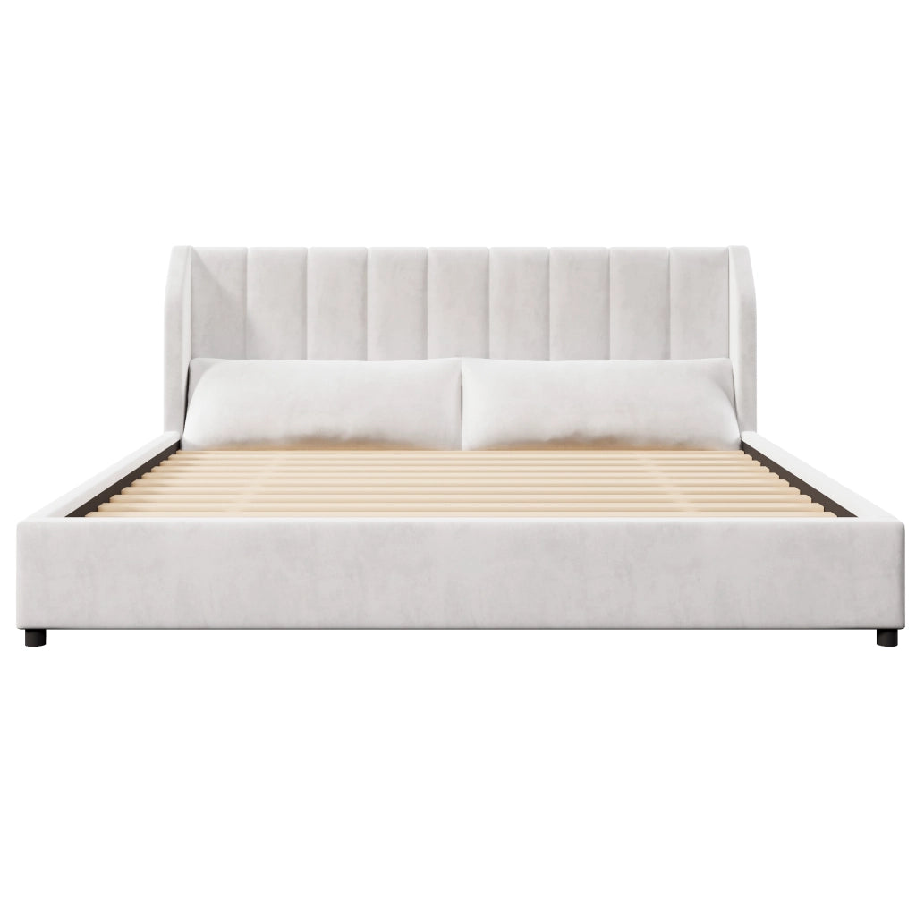 Letto matrimoniale imbottito 180x200 cm in stile francese con testiera capitonné; rete a doghe e velluto beige