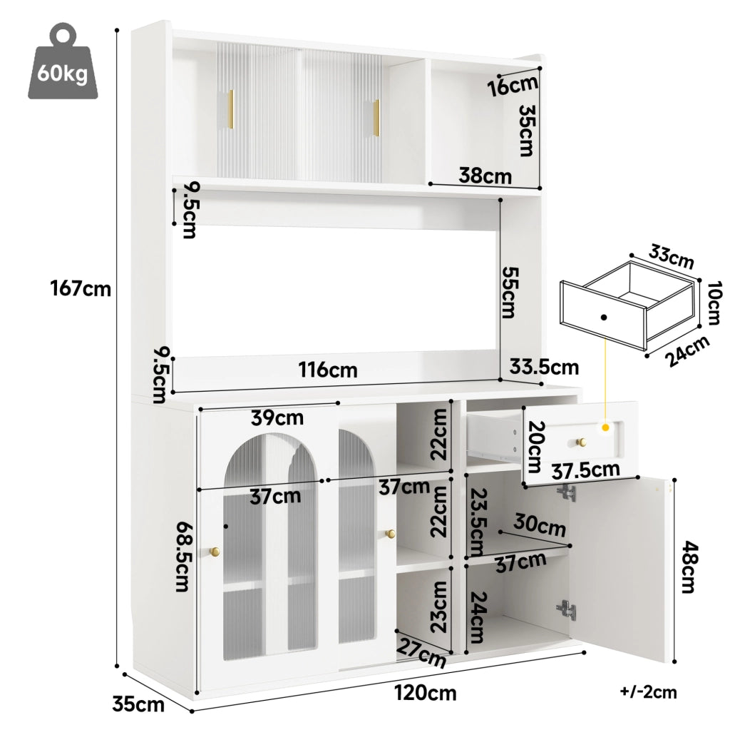 Credenza 120x35x167 cm con LED controllabile da app; ripiani regolabili; MDF e PB; bianco