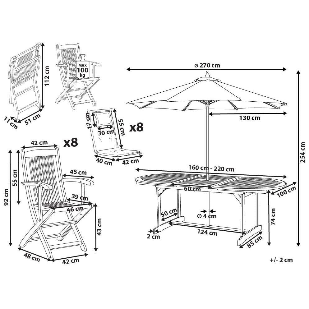 Set da pranzo per esterni in legno di acacia chiaro con cuscini grigi Tavolo a 8 posti sedie pieghevoli con cuscini rossi e Ombrellone Design rustico