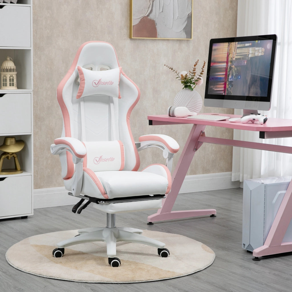 Sedia da Gaming con Altezza Regolabile e Schienale Reclinabile 135°, 65x65x121-129 cm, Bianco e Rosa
