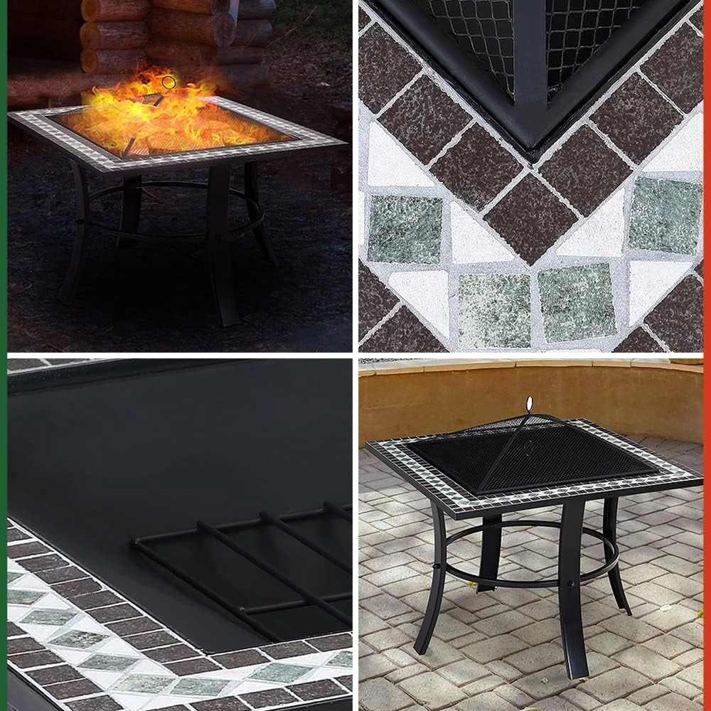 ® Braciere Quadrato da Esterno Mosaico in Acciaio 76x76cm Parascintille Camino da Giardino Stufa Caminetto Patio