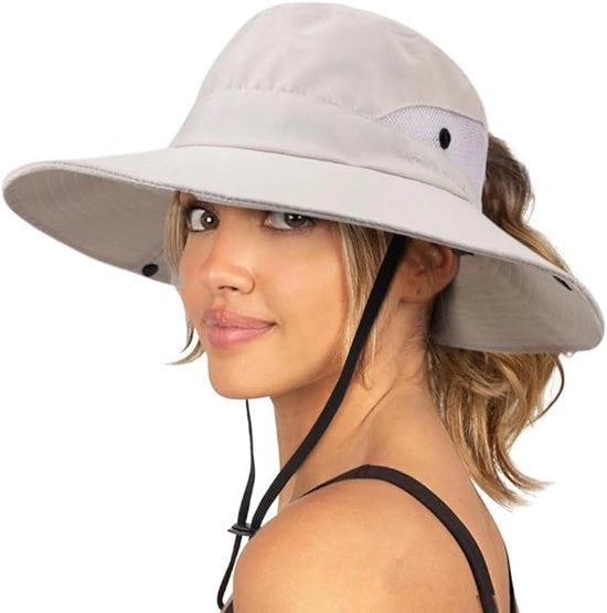 Cappello da sole per donne - Cappello - Cappello da sole - Cappello da sole per donne protezione UV - Cappello pieghevole rete bordo largo visiera coda di cavallo ombrellino per mare