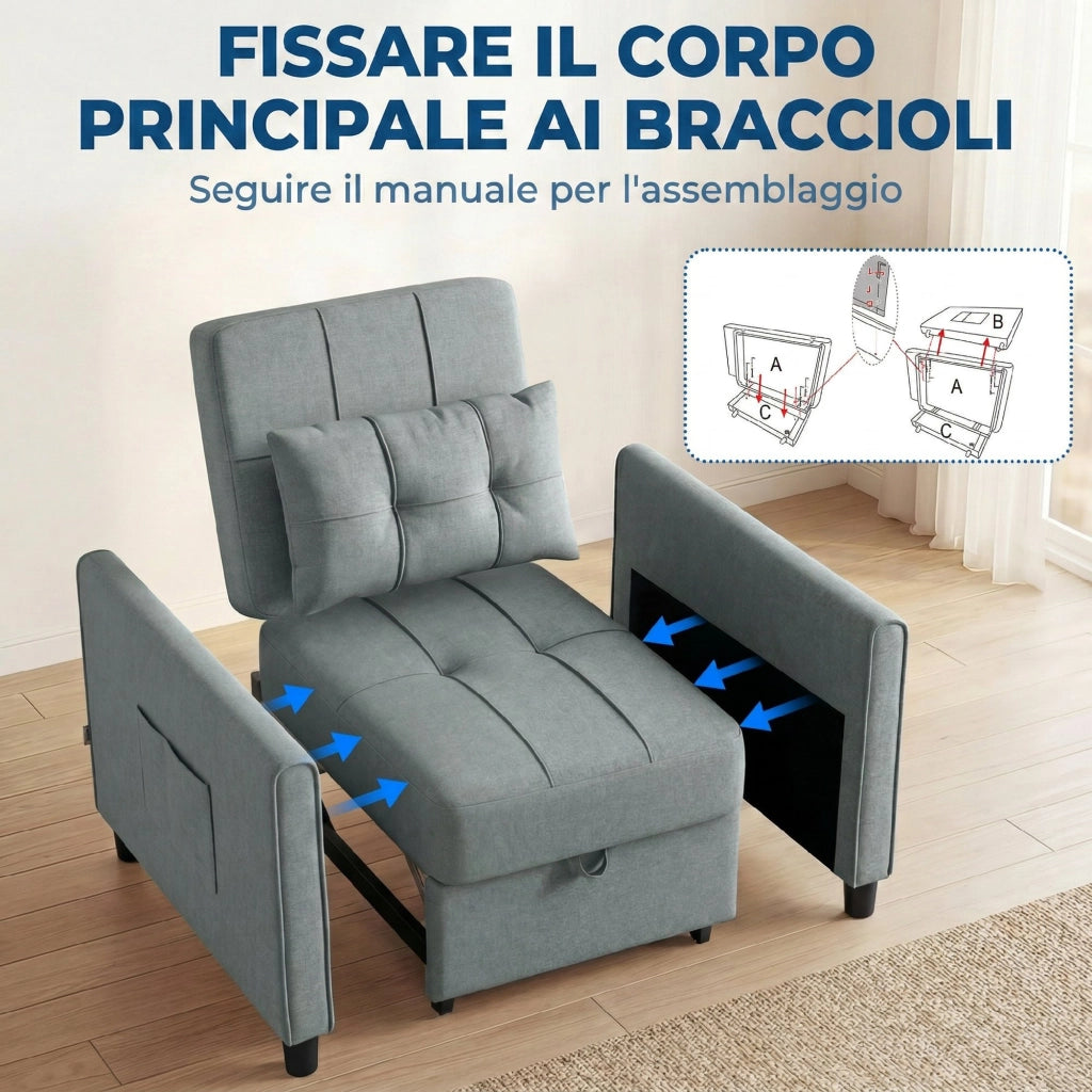 Divano Letto Pieghevole con Schienale Regolabile ¨C zephmum ¨C Grigio