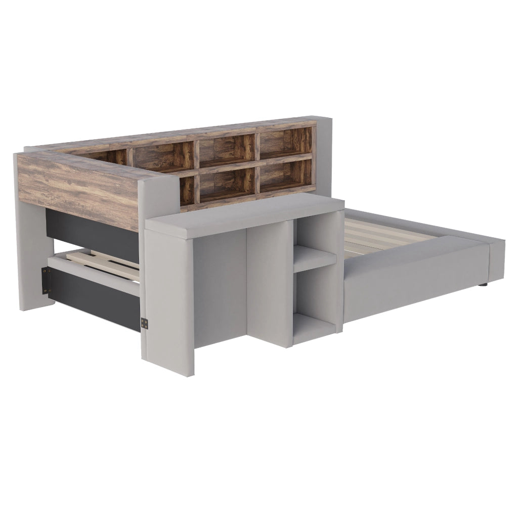 Letto imbottito 90 x 200 cm con testiera imbottita, vani portaoggetti, LED, prese integrate e tavolino laterale, Grigio scuro