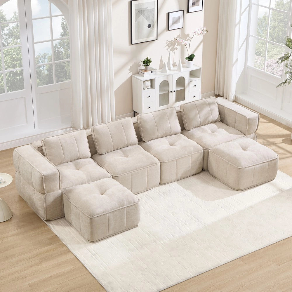 Divano modulare a U 4 posti ¨C Minimal ¨C Beige tessuto imbottito con 2 poggiapiedi