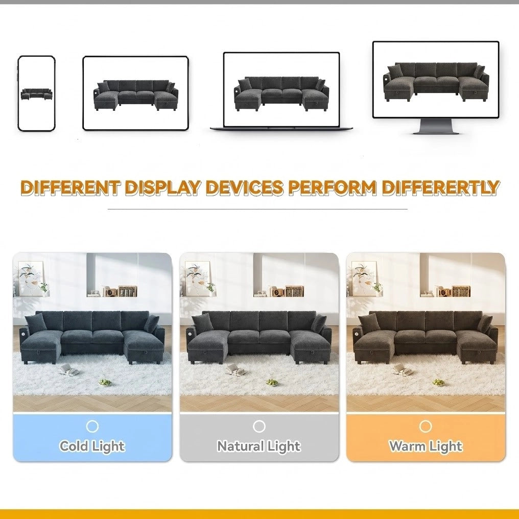 Divano a U in ciniglia con chaise longue contenitore; USB e Type-C; 279×135×84 cm; grigio